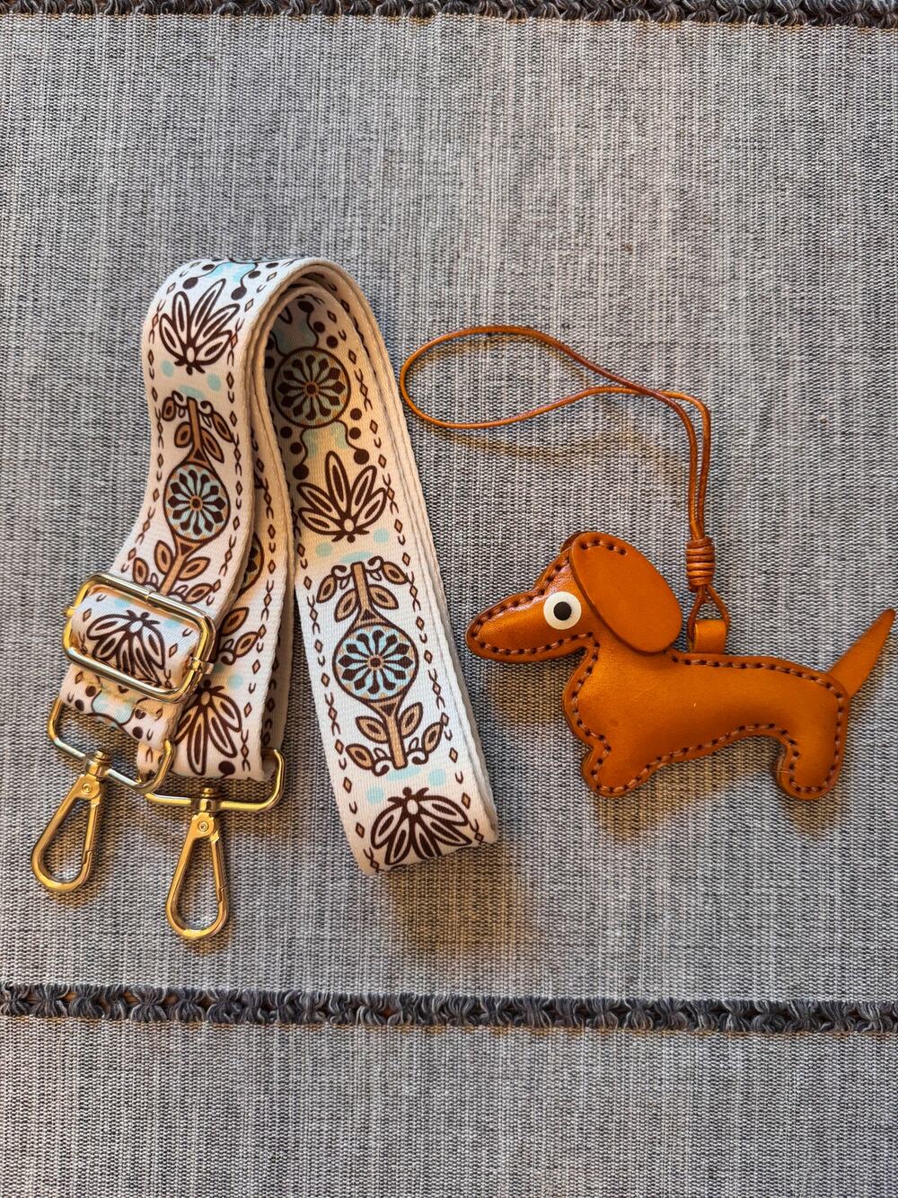 Bundle Set of 2 Flowered Brown Purse Strap  Genuine Leather Wiener Dog Bag Charm